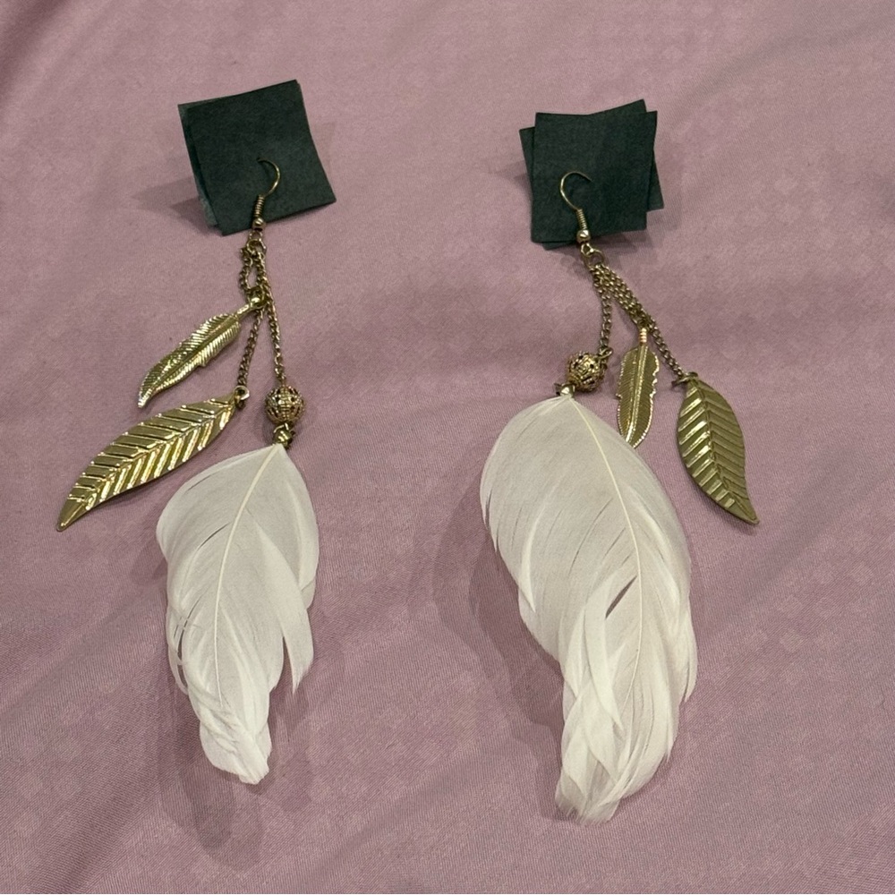 Gold and White Feather Earrings